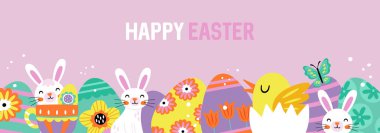 Paskalya bayramı afişi tasarımı. Paskalya yumurtaları, yeşil yapraklar ve tavşanlı. Tebrik kartı şablonu arka planı