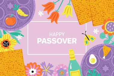 Fısıh bayramı şirin afiş tasarımı. Pesach kartları, poster ve arkaplan için çocukça baskı