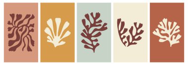 Modern duvar resimleri seti. İskandinav tarzında soyut yapraklar. El çizimi logo şablonu, tebrik kartı veya poster tasarımı