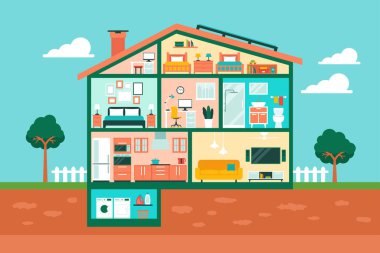 Oturma odası, mutfak, banyo, ev ofisi ve yatak odası olan çevre dostu bir ev. Modern ev vektör illüstrasyonu