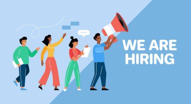 İnsan kaynakları ve işe alım ajansı kavramı. Metni olan insanların modern vektör illüstrasyonu: