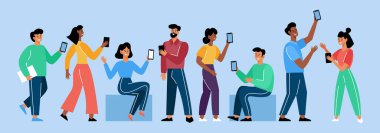 Mobil iletişim konsepti. Cep telefonu kullanan ve sosyal medyada paylaşım yapan insanların modern vektör illüstrasyonu