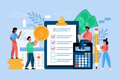 Bütçe planlaması ve finansal yönetim iş konsepti. İş performansını geliştiren insanların modern vektör illüstrasyonu