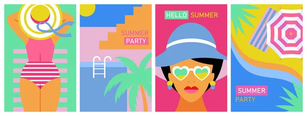 Summer Poster Design Set Summer Vacation Beach Party Pool Party — стоковый вектор