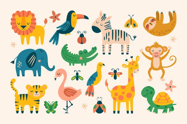 Cute Jungle Animals Set Childish Print Cards Apparel Decoration — Archivo Imágenes Vectoriales