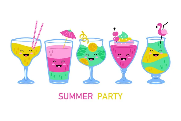 有趣的夏季饮料设置 横幅或贺卡设计用儿童字体 — 图库矢量图片