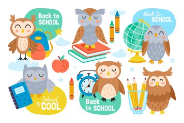 Sevimli baykuşlu okul çıkartmaları dizayn seti. Çıkartmalar, kartlar ve dekorasyon için çocukça bir baskı. Vektör İllüstrasyonu
