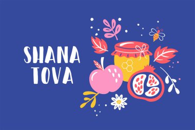 Yahudi bayramı Rosh Hashanah arka plan şablonu. Elmalı bal kavanozu, nar ve el yapımı elementler. Vektör illüstrasyonu