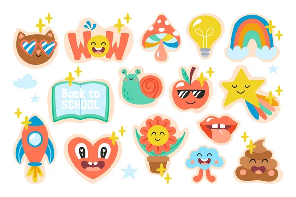 Back School Cute Creative Stickers Design Set Childish Print Planner — 图库矢量图片