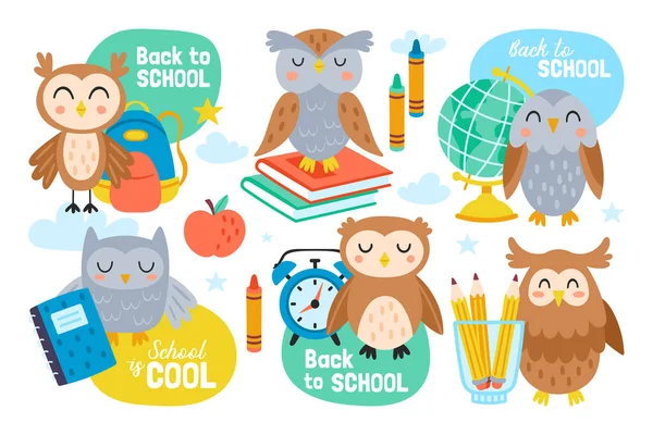 Sevimli baykuşlu okul çıkartmaları dizayn seti. Çıkartmalar, kartlar ve dekorasyon için çocukça bir baskı. Vektör İllüstrasyonu