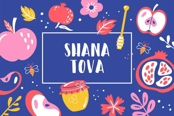 Yahudi bayramı Rosh Hashanah bayrağı ya da tebrik kartı şablonu. Bal kavanozu, elma, nar ve el yapımı elementler. Vektör illüstrasyonu