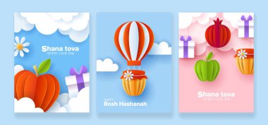 Rosh Hashanah jewish holiday banner design set with paper cut apple, honey and ponegranate. Vector illustration
