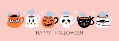 Halloween holiday banner design with cute coffee cup set. Childish print for cards, stickers, party invitations and decoration. Vector illustration
