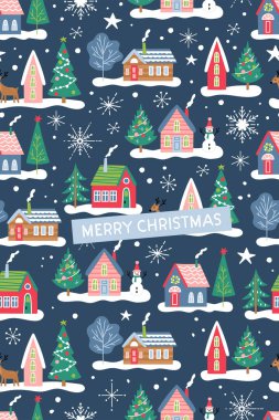 Güzel evler ve köknar ağaçları olan kusursuz bir Noel tatili örneği. Şablon tasarımı için çocuksu bir geçmiş. Vektör illüstrasyonu