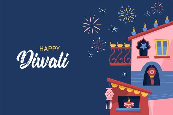 Diwali Hindu Festival Konzept Mit Häusern Für Den Urlaub Dekoriert — Stockvektor