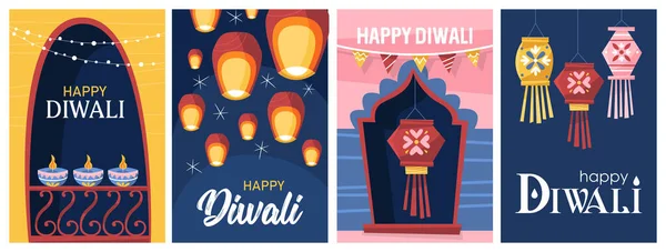 Diwali Hindu Design Banner Festival Definido Com Lanterna Tradicional Design — Vetor de Stock