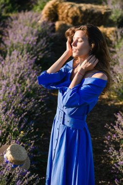 Lavanta tarlasında poz veren, retro mavi elbiseli çekici, şehvetli genç bir kadın. Yukarıdan görüntüle.