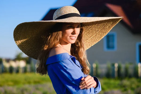 Adorable Young Woman Stay Retro Blue Dress Wide Wide Brim — Stock Photo, Image