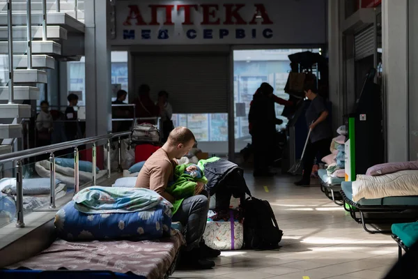 Dnipro Ukraine April 2022 Man Lulls His Newborn Baby While — стоковое фото