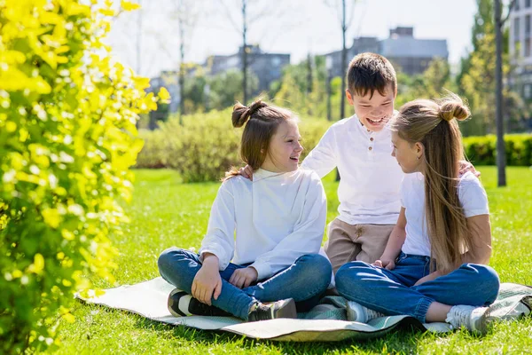 Tre Barn Har Kul Sitter Grön Gräsmatta Stadspark — Stockfoto