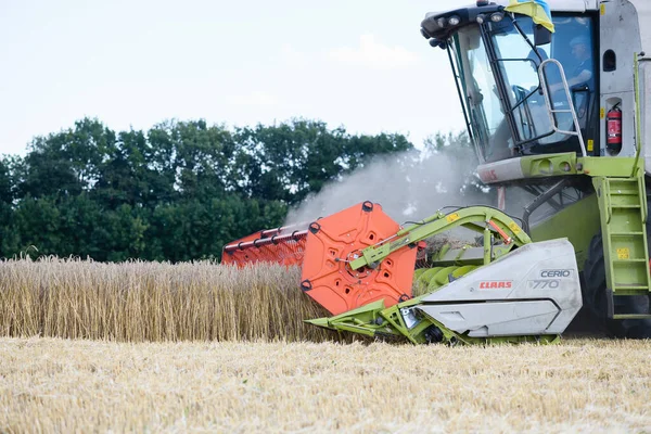Grain Harvester Collects Wheat Field Dnipro Region Ukraine August 2022 — Zdjęcie stockowe