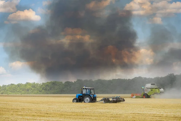 Combine Harvester Harvests Ripe Wheat Smoke Burning Field Rises Sky — Photo