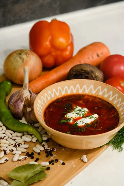 Traditional Ukrainian Borscht Sour Cream Clay Bowl Ingredients Cooking Borscht — Stock Photo, Image