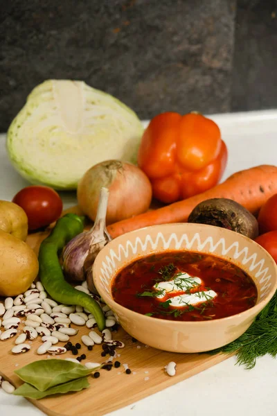 Traditional Ukrainian Borscht Sour Cream Clay Bowl Ingredients Cooking Borscht — Stock Photo, Image