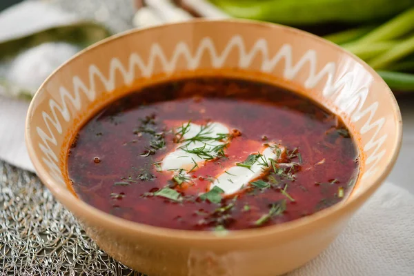 Traditional Ukrainian Borscht Clay Bowl Red Beet Root Soup Borsch — Stock Photo, Image