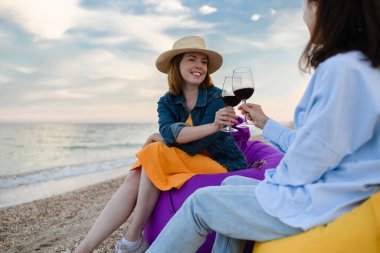 Two young pretty women clink glasses with red wine, sitting on the seashore in the evening at sunset.