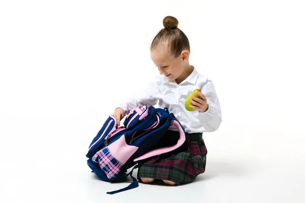 Cute Girl School Uniform Collects Backpack Classes Isolated White Background — стоковое фото