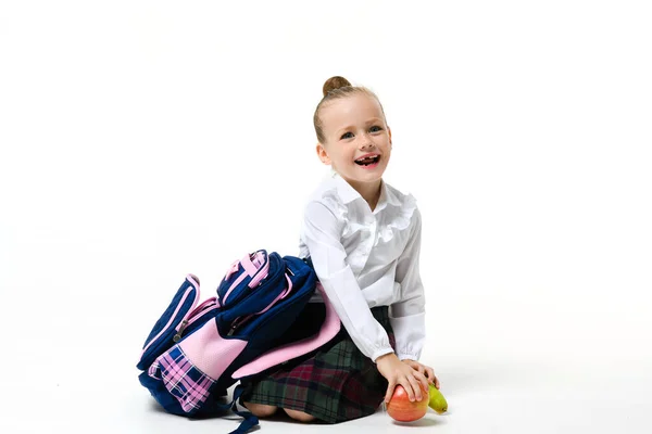 Cute Girl School Uniform Posing Backpack Apples Pear Isolated White — Stock Photo, Image