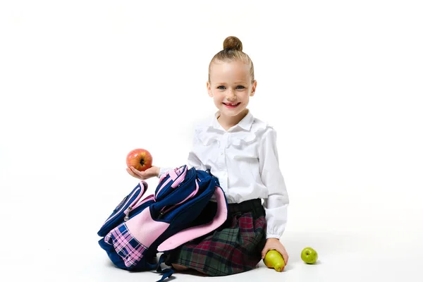 Cute Girl School Uniform Posing Backpack Apples Pear Isolated White — стоковое фото