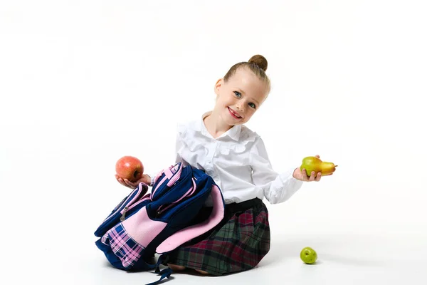 Cute Girl School Uniform Posing Backpack Apples Pear Isolated White — стоковое фото