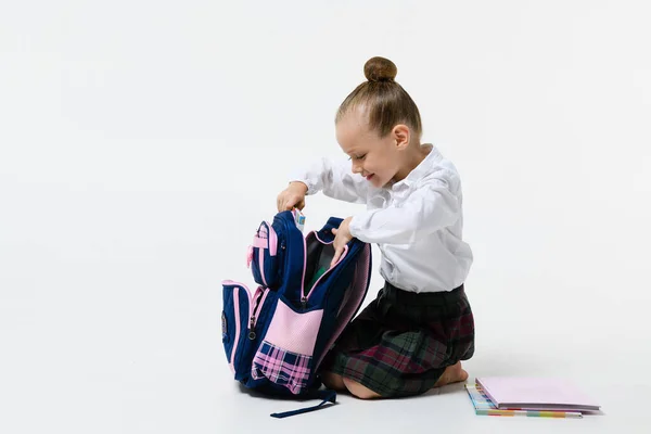 Cute Girl School Uniform Collects Backpack Classes Isolated White Background — Stock Photo, Image