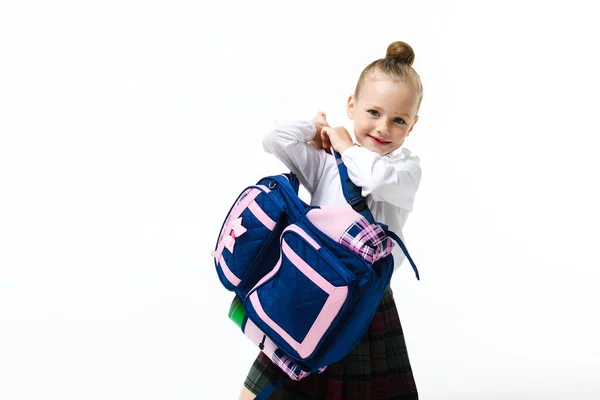 Cute Girl School Uniform Big Heavy Backpack White Background — стоковое фото