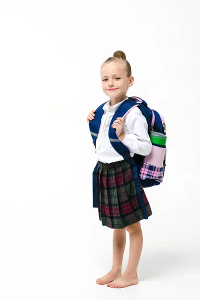 Cute Girl School Uniform Big Heavy Backpack White Background — стоковое фото