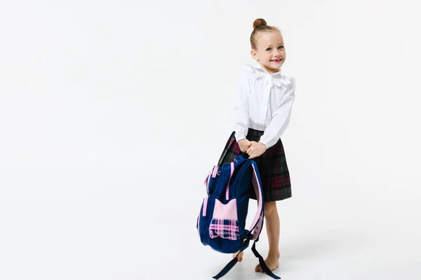Cute Girl School Uniform Big Heavy Backpack White Background Girl — стоковое фото