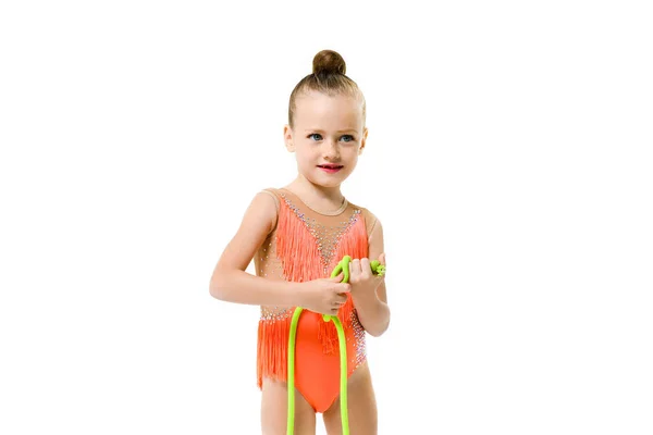Portrait Gymnast Little Girl Jumping Rope Bright Festive Leotard Makeup — Stock Photo, Image