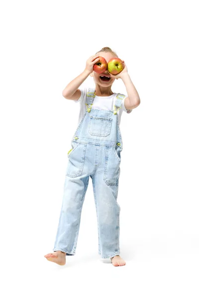 Cute Girl Dressed Denim Overalls Fooling Apples White Background Girl — Stock Photo, Image