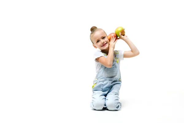 Cute Girl Dressed Denim Overalls Fooling Apples White Background Girl — Stock Photo, Image