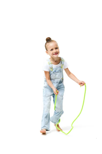 Portrait Cut Little Girl Dressed Denim Overalls Jumping Rope White — Stock Photo, Image