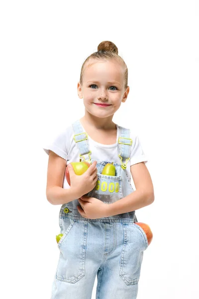 Cute Girl Dressed Denim Overalls Holding Armful Fresh Apples Pears — Stock Photo, Image