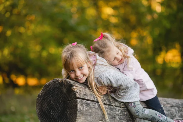 Dwie Słodkie Dziewczynki Leży Upadłej Kłody Parku Uśmiecha Mała Dziewczynka — Zdjęcie stockowe