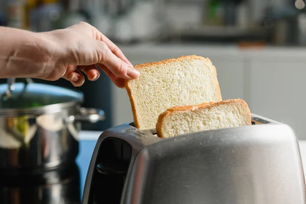 Cooking fresh toast in a modern toaster on the background of the kitchen. Female hand is holding bread.