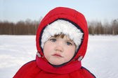 vážné holčička stojí nedaleko lesa na zimu a vypadá do