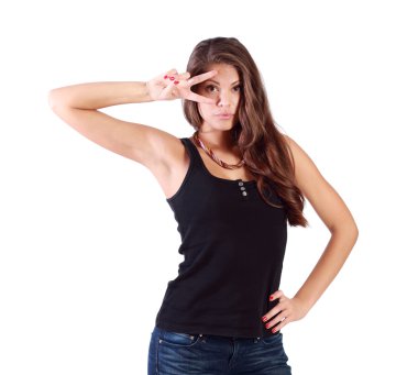 güzel kız beyaz bac izole barış işareti bakar