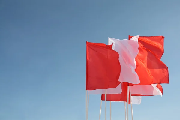 Eight red and white flags flutter in wind at background of blue — Stock Photo, Image