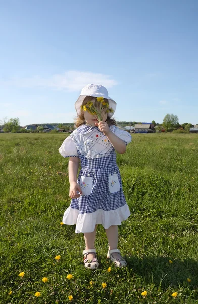 Happy little girl wearing dress hides her face in yellow dandeli — Stock Photo, Image