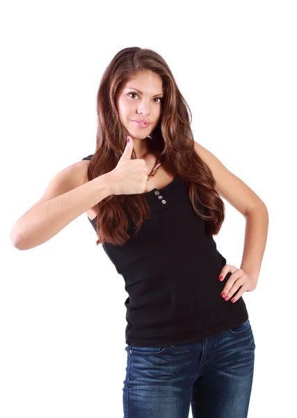 Jonge brunette vrouw duimschroef opwaarts geïsoleerd op witte achtergrond. — Stockfoto